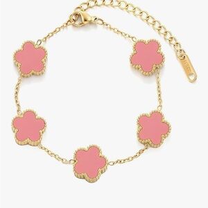 18K Gold Pink Clover Bracelet Van Cleef Alhambra Style Dainty Charm Jewelry Boho